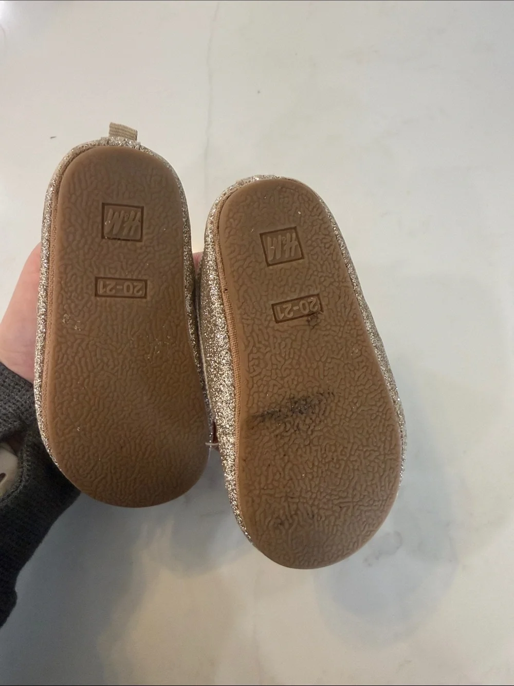 H&M Girls Gold Glitter Ballet Flats with Peach Rosette Strap